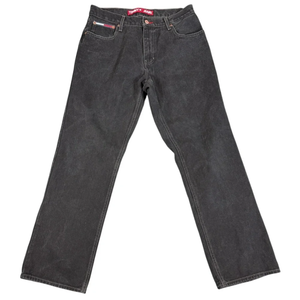 Tommy Hilfiger Jeans Men's 32x31 Black Denim Tapered Leg Vintage Flag‎ Baggy 90s